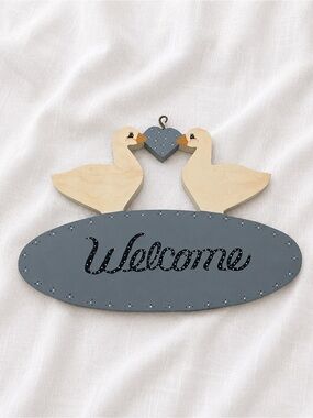 Vintage 90s Welcome Sign Wall Décor with Blue Gray Plaque and Cream Ducks
